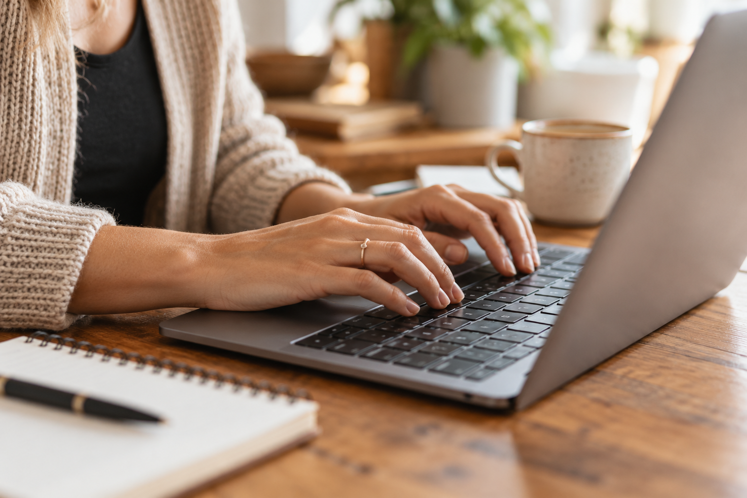 Hands typing website content on a laptop at a wooden desk.